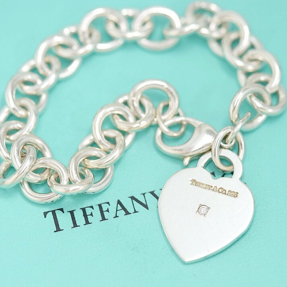 Tiffany & Co. Heart Tag Diamond Chain Bracelet 6.8" Silver 925 Auth w/Box
